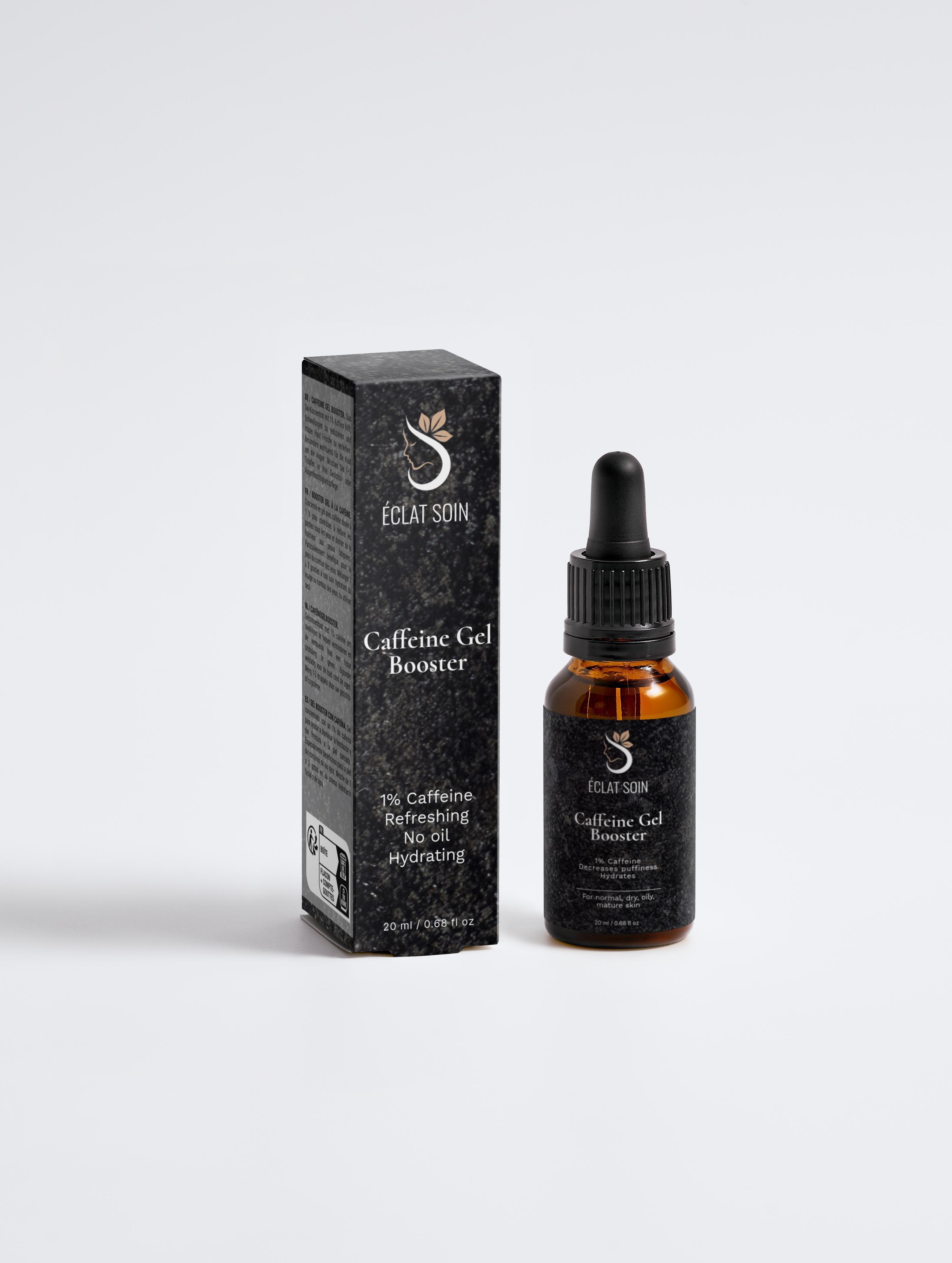 Eclat Soin Caffeine Gel Booster in a brown glass bottle with a dropper next to its packaging